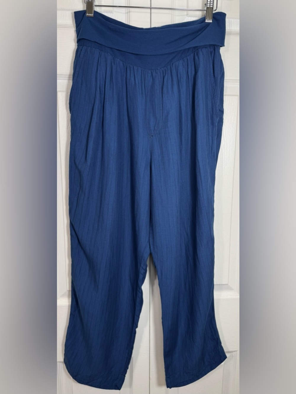Anthro Hei Hei Eventide Cropped Pants M Blue Pinstripe Foldover Waist Relaxed